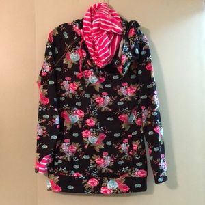 Double hooded floral/stripe print sweatshirt
